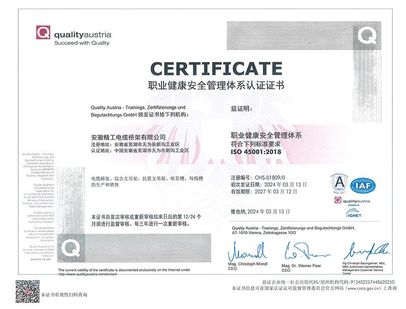 職業健康安全管理體係認（rèn）證證書